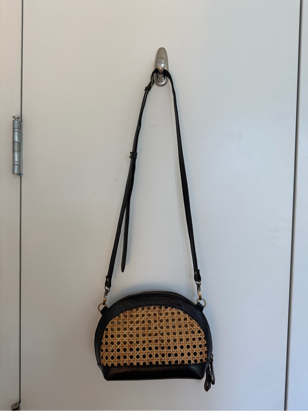 Street Level Black Crossbody with Woven Cane Front